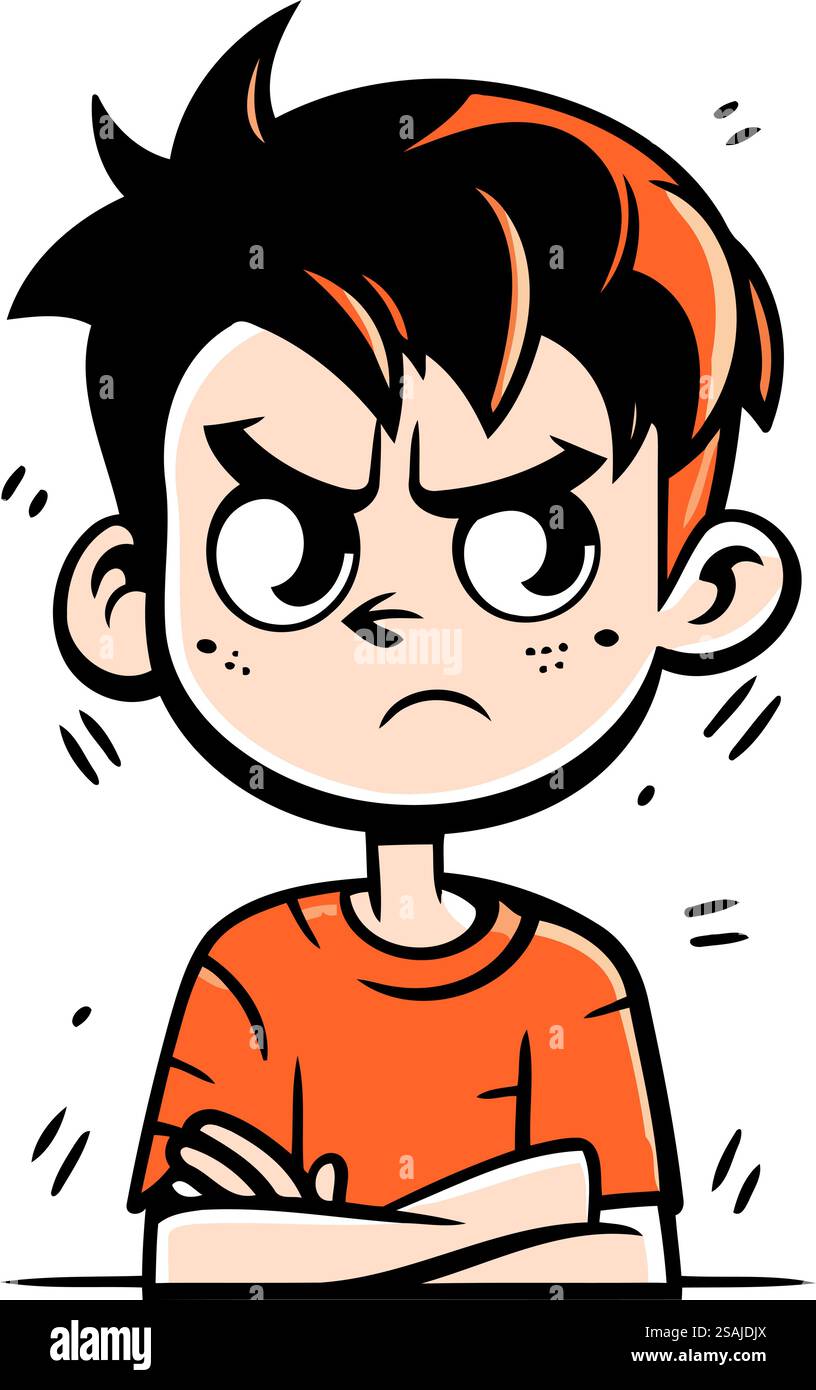Angry little boy in orange t shirt. Vector illustration Stock Vector ...