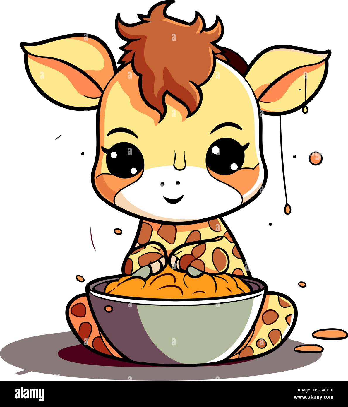 Cute Cartoon Giraffe Eating From A Bowl Of Milk Vector Illustration 