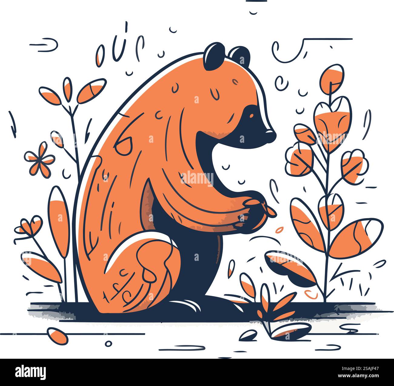 Hand drawn vector illustration of a cute bear in the forest with ...