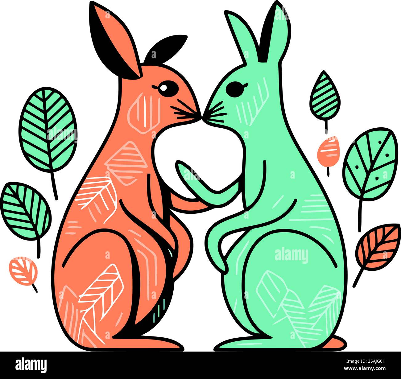 Vector illustration of a pair of cute rabbits in the forest. Cartoon ...