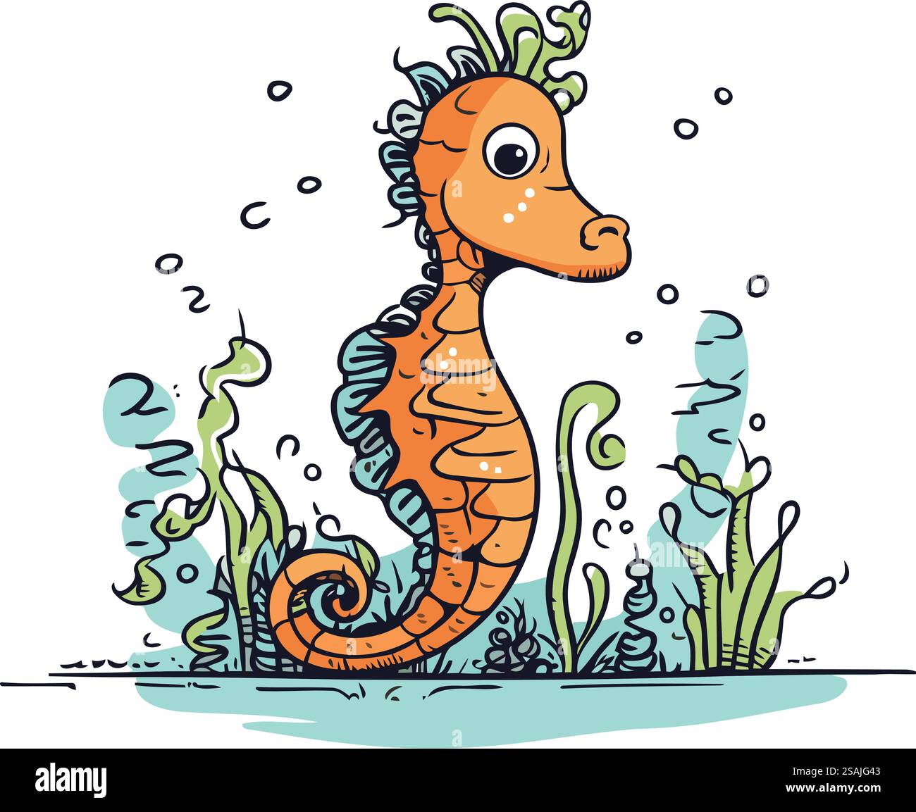 Cartoon seahorse in the sea. Hand drawn vector illustration Stock ...