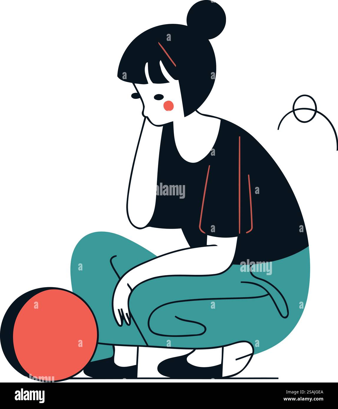 Sad young woman sitting on the floor and holding a ball. Vector ...