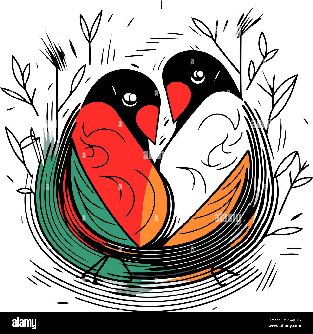 Vector illustration of a pair of birds in love. Hand drawn illustration ...