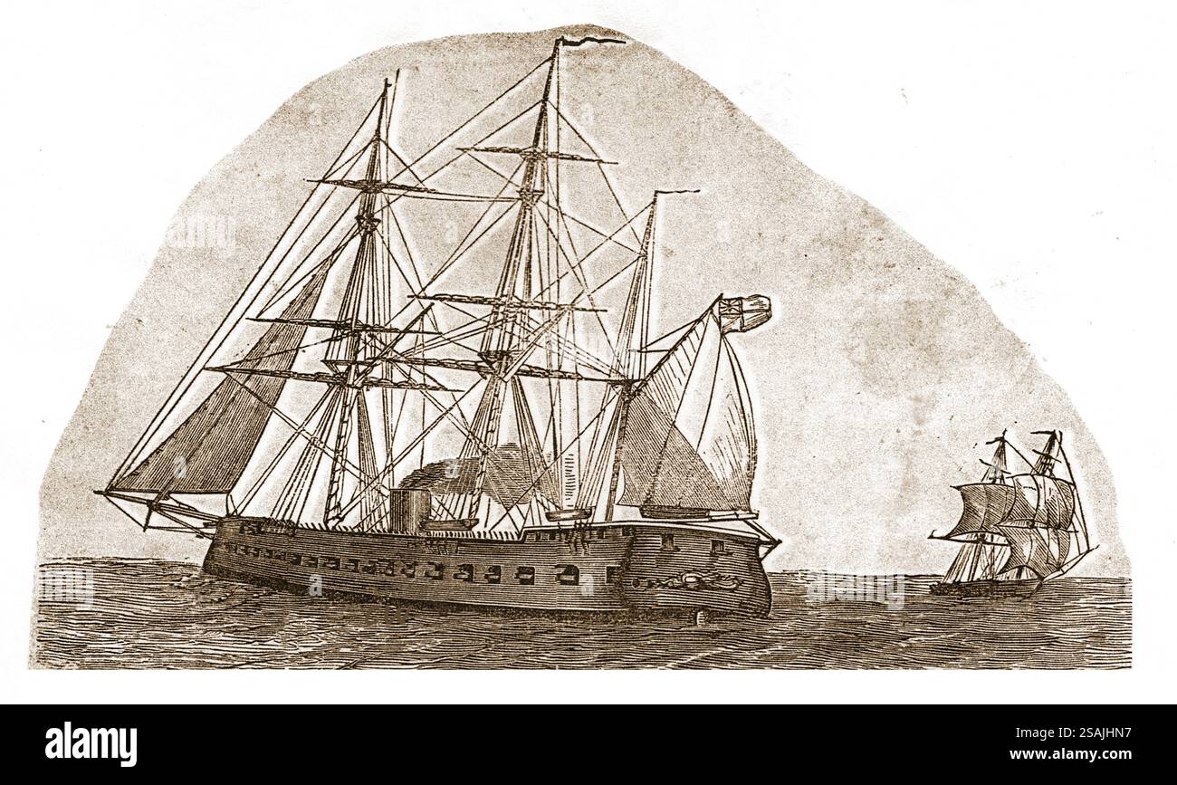 A 19th century illustration of a Wall-sided armed sailing ship with the sides of the hull being nearly vertical, giving the ship a box-like appearance. This design was common in certain  sailing ships, such as  clippers and other fast-sailing vessels/ This particular vessel is armed with canon guns and is probably a warship Stock Photo