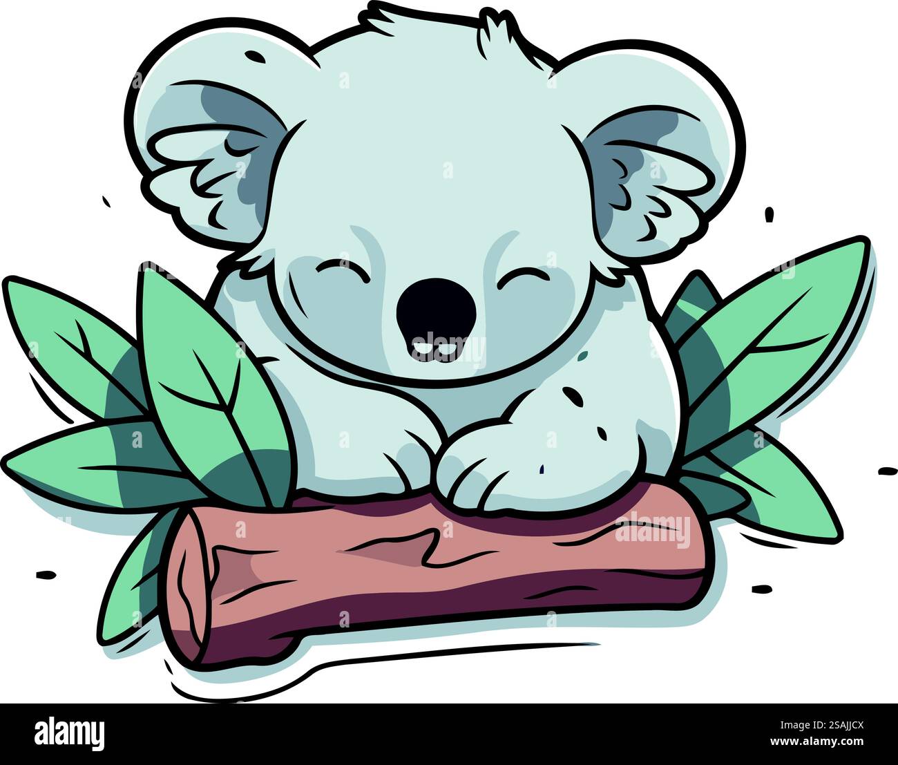Cute koala sitting on a log with leaves. Vector illustration Stock ...