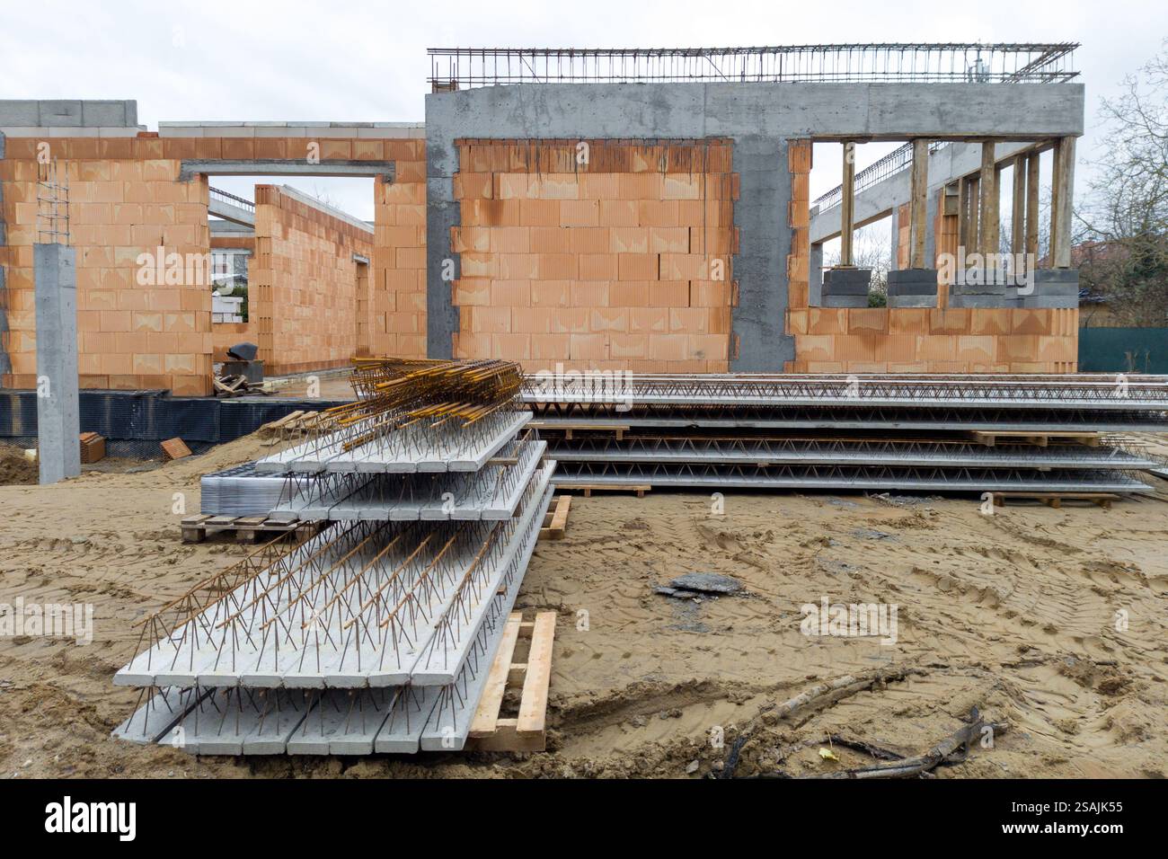 Construction Site with Concrete and Steel Elements Stock Photo
