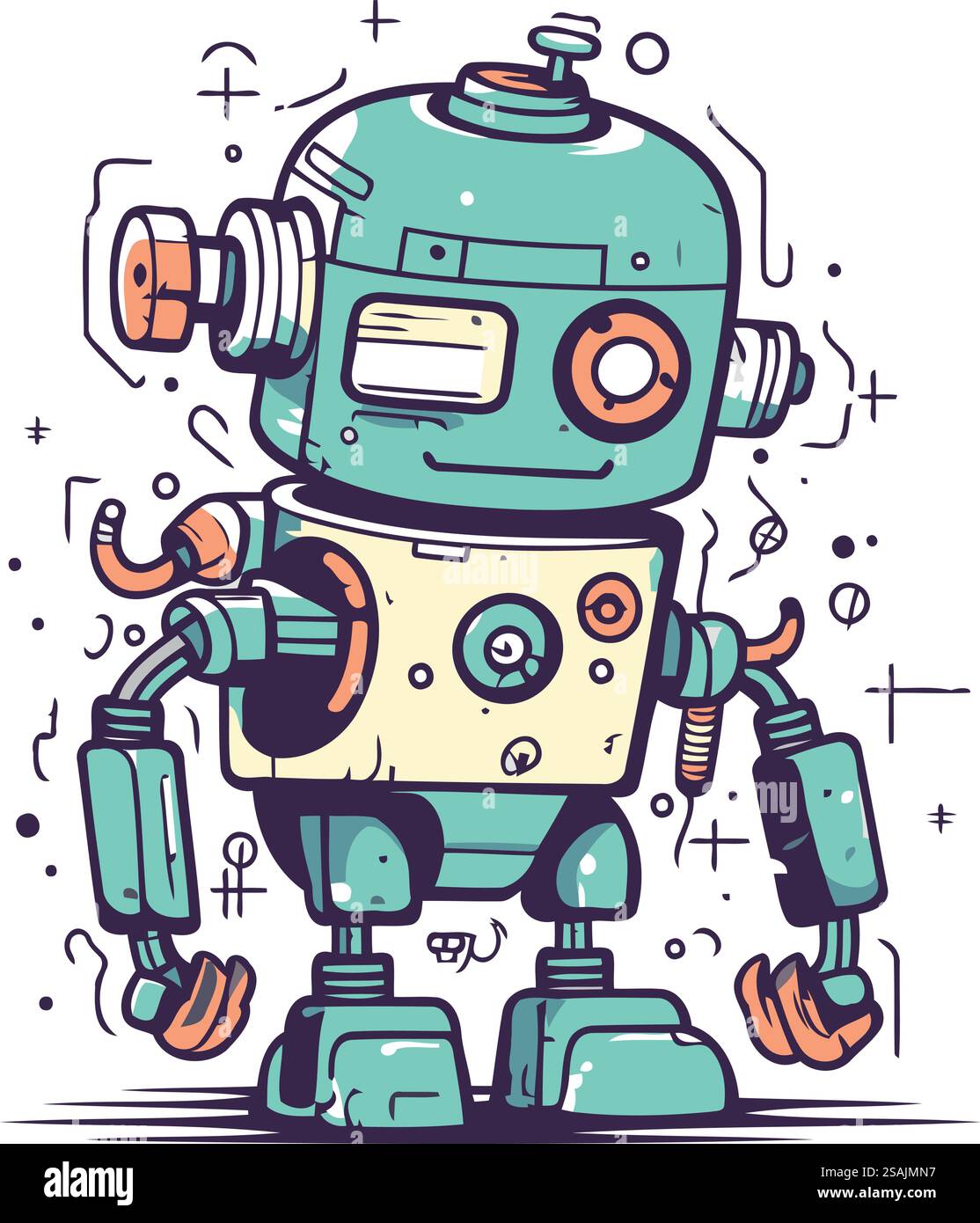 Vector illustration of cute cartoon robot. Hand drawn doodle style ...