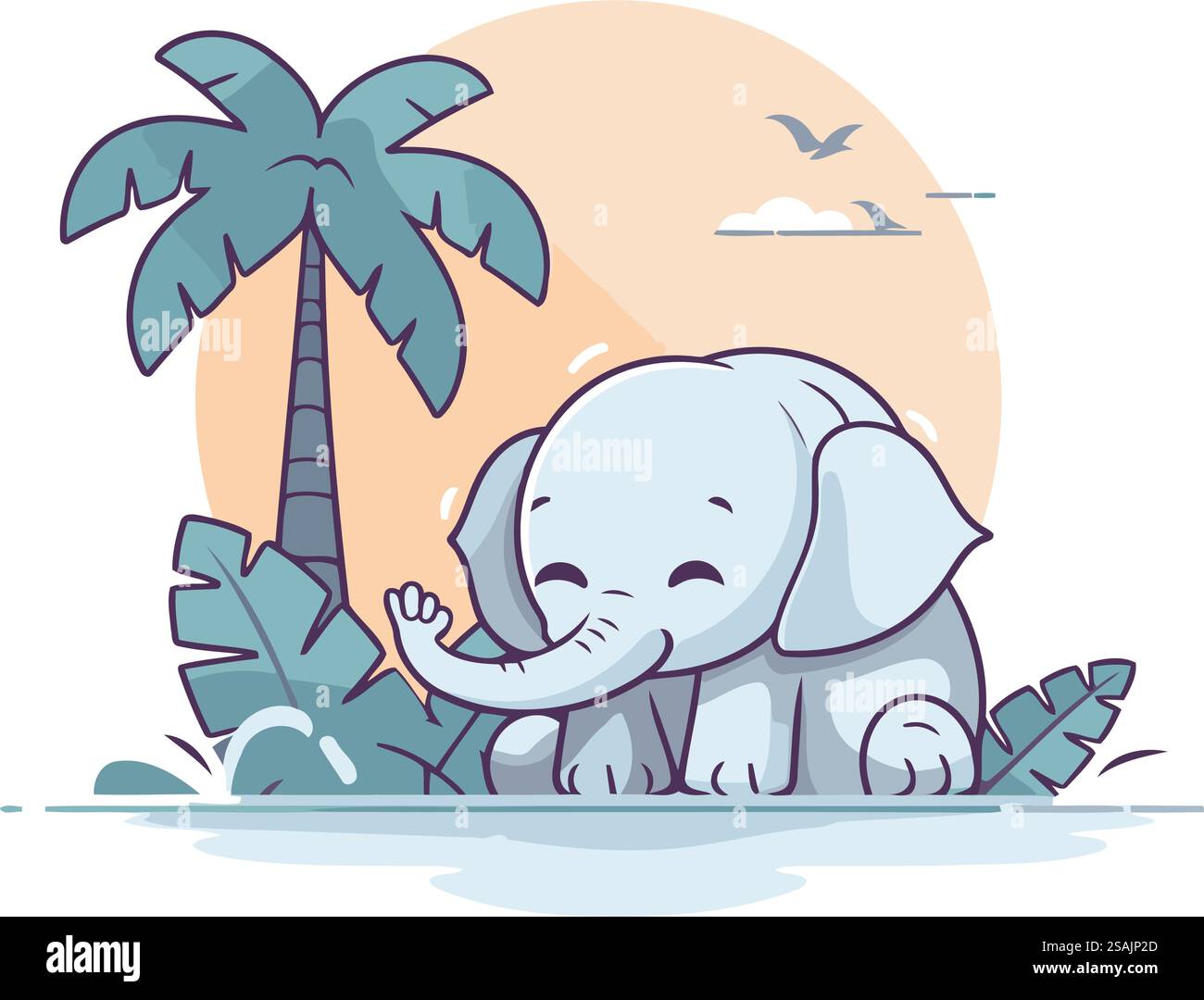 Cute elephant on the beach. Vector illustration in flat style Stock ...