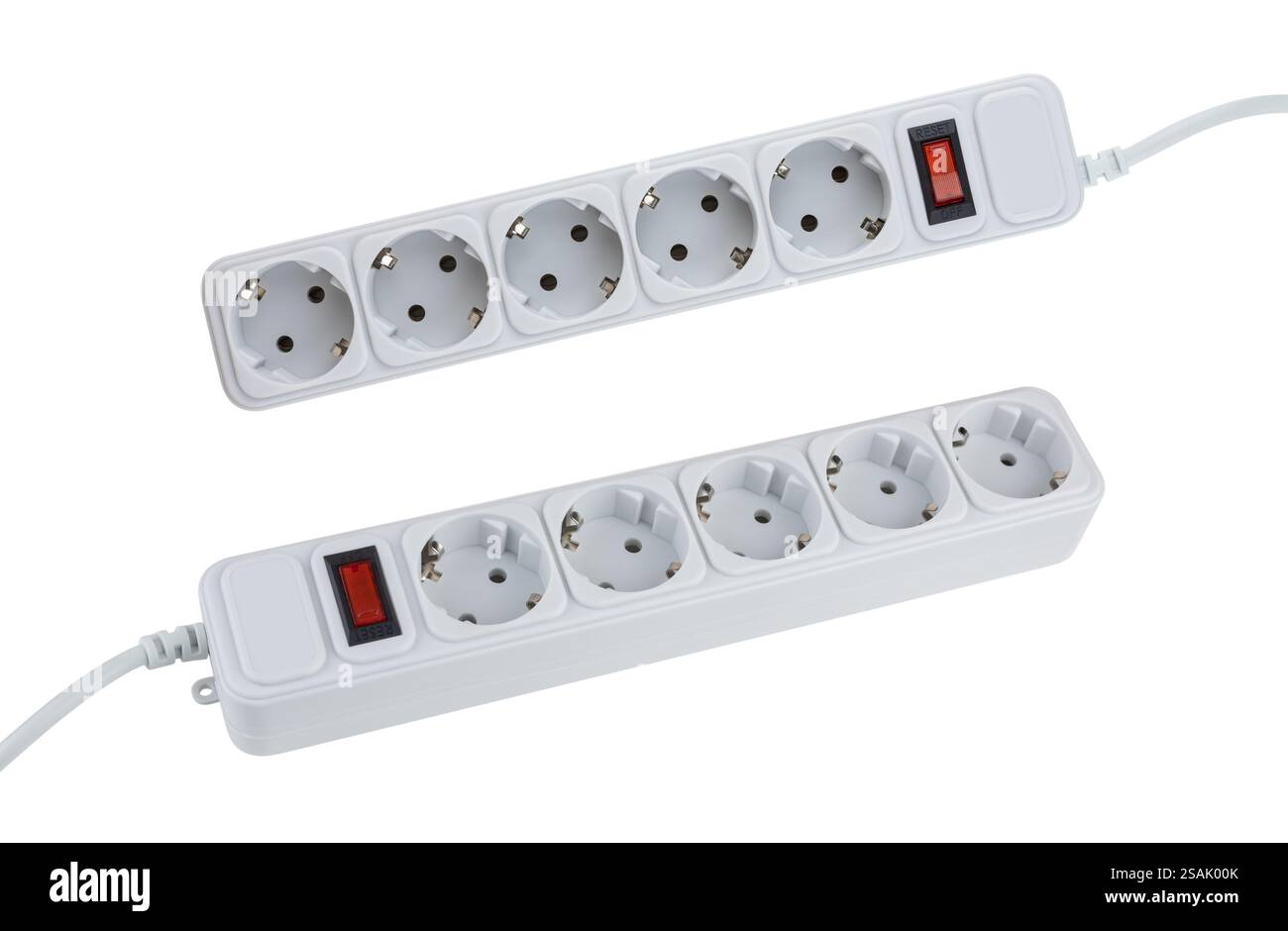 White electrical surge protector with five sockets. Stock Photo