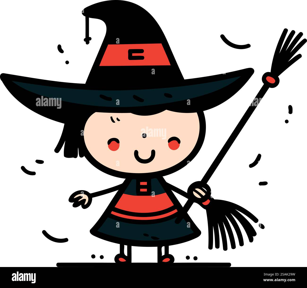 Cute little girl dressed as a witch with a broom. Vector illustration ...