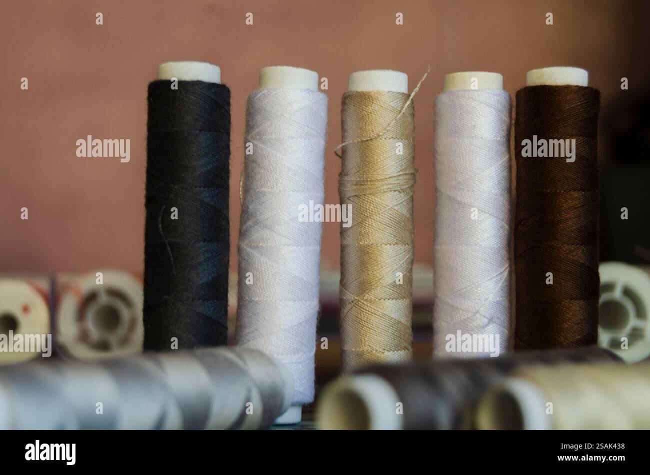 Reels of different coloured thread on a green floral background Stock ...