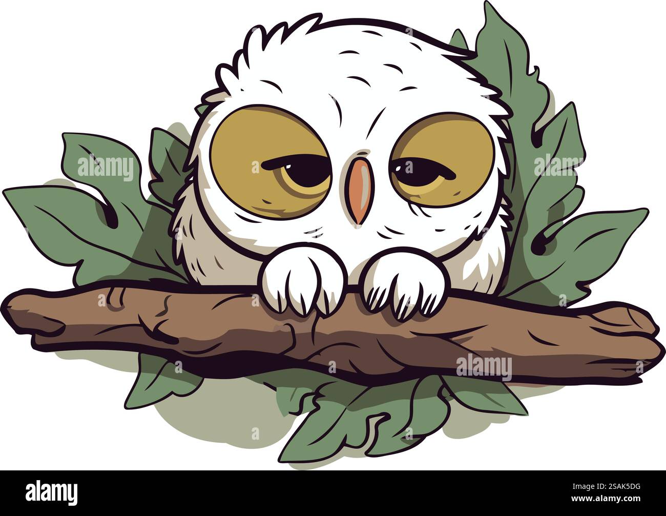 Cute cartoon owl sitting on a branch with leaves. Vector illustration ...