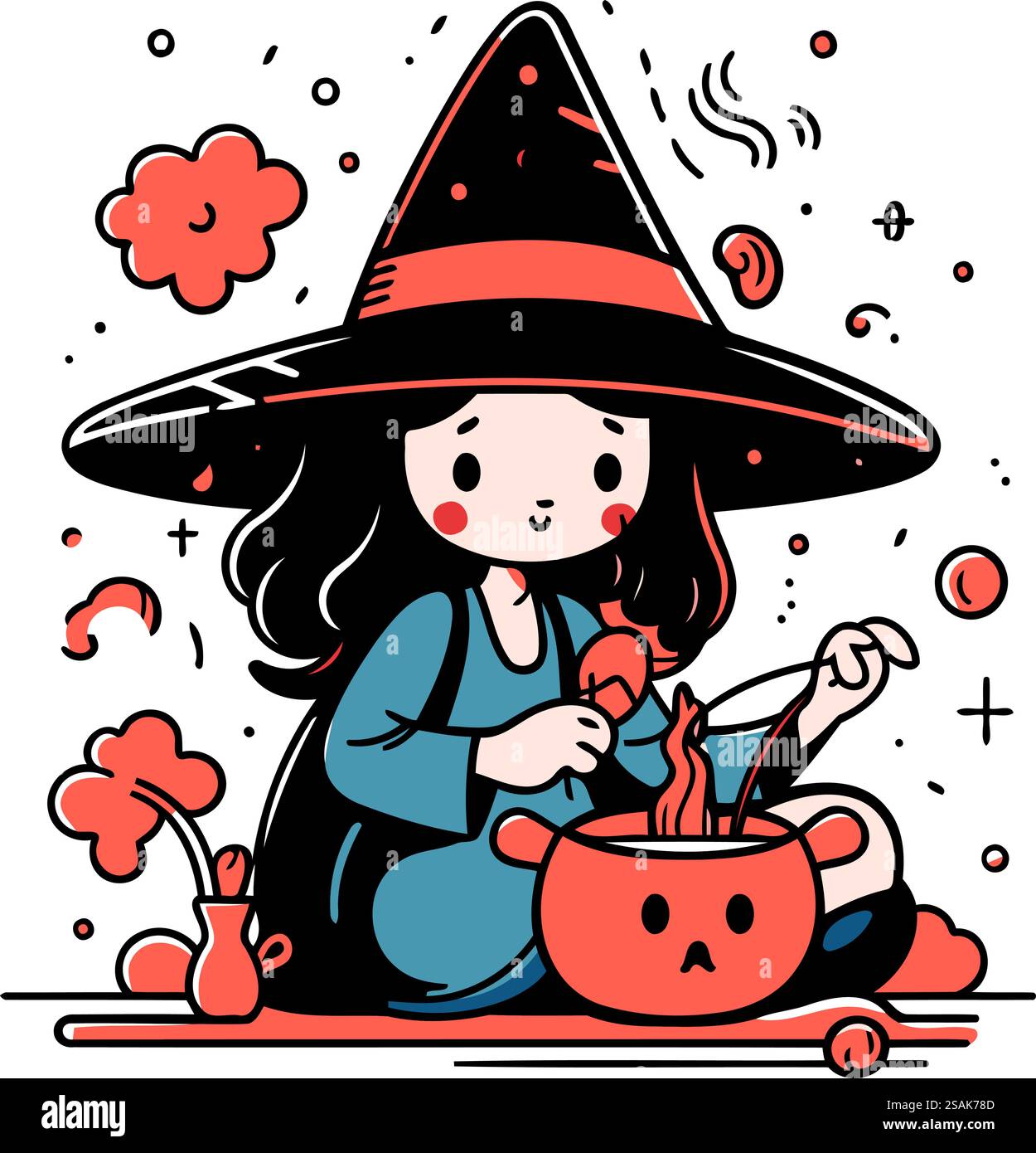 Cute little girl in a witch costume with a pumpkin. Vector illustration ...