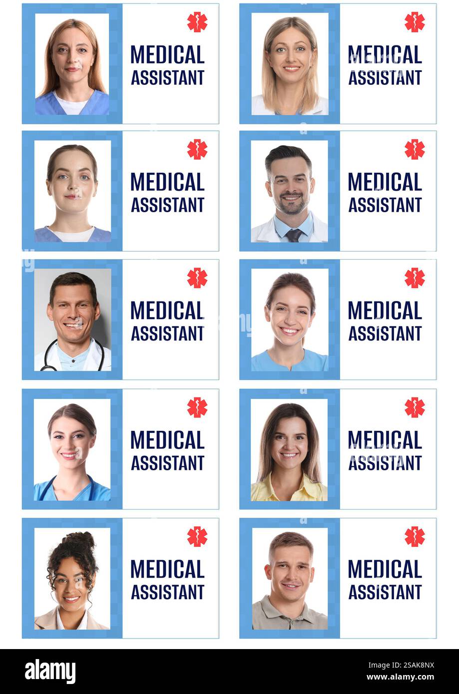 Medical assistant badges with photos of different people isolated on ...