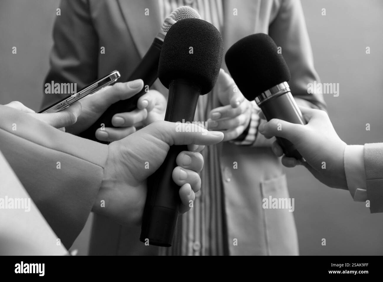 Female reporter interviewing woman Black and White Stock Photos ...