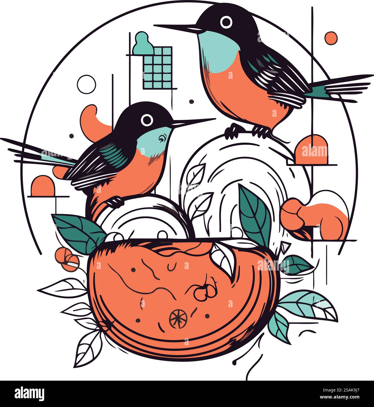 Hand drawn vector abstract graphic illustration with cute little birds ...