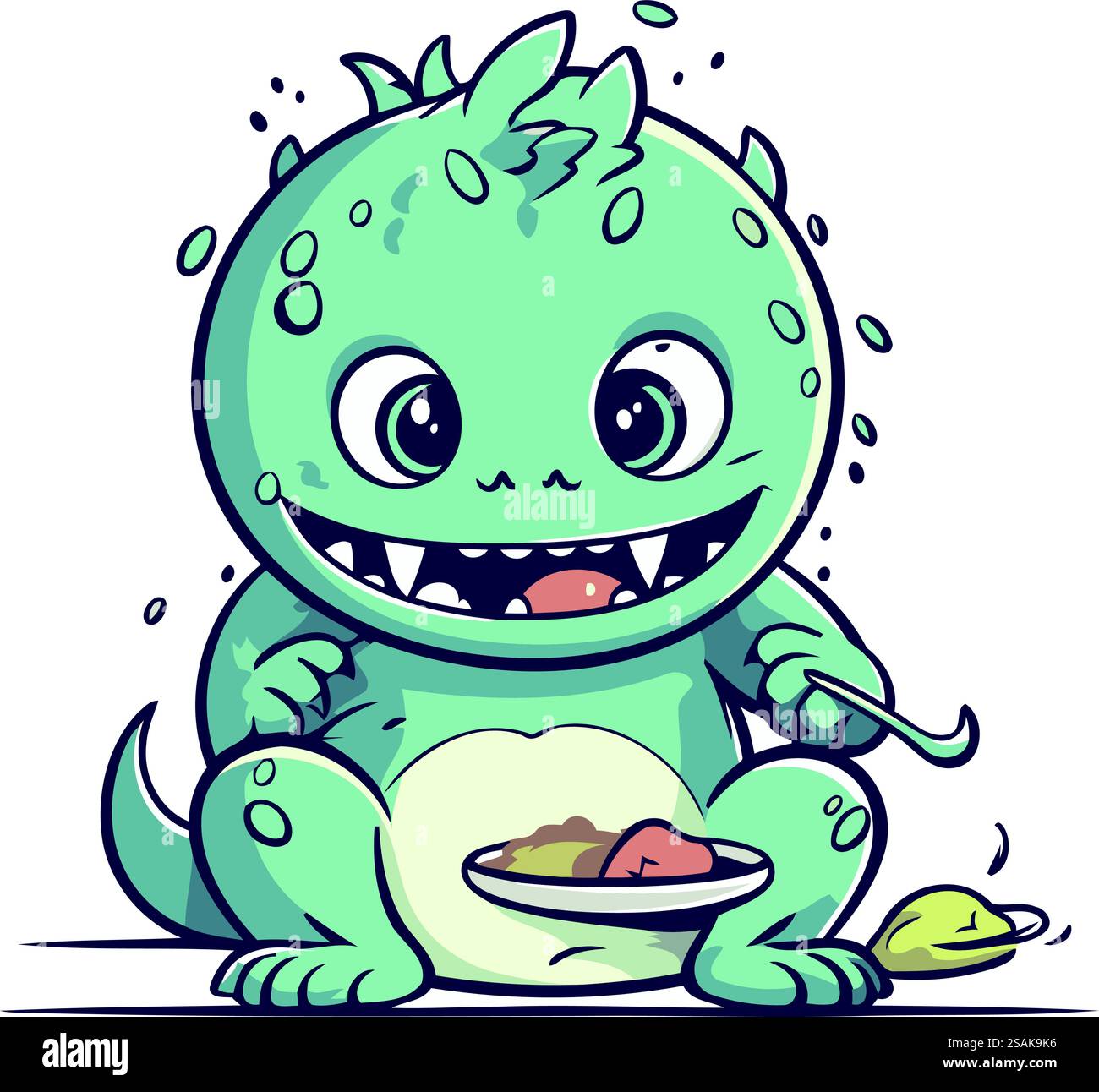 Funny cartoon monster eating a plate of food. Vector illustration. Stock Vector