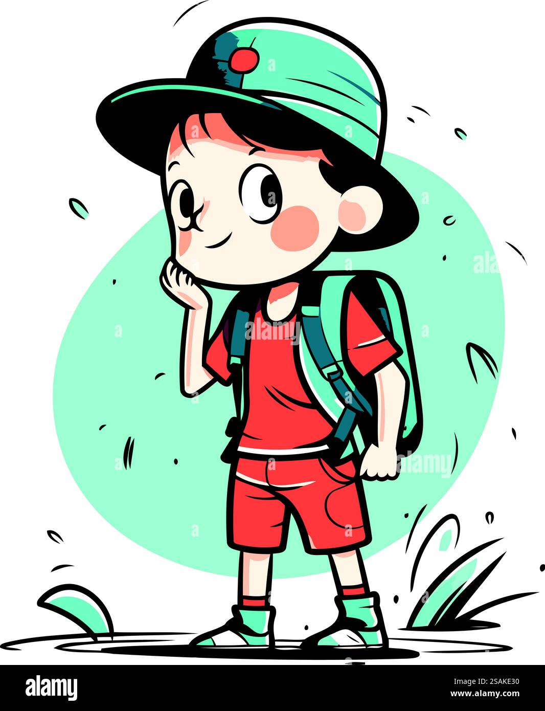 Cute little boy wearing a cap and a backpack. Vector illustration Stock ...
