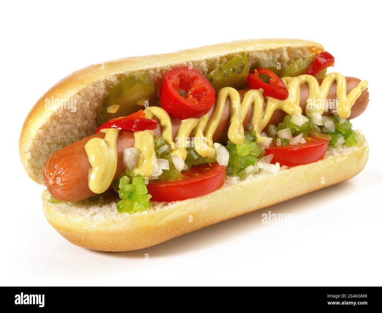 Hot Dog Chicago Style - Fast Food on white Background Stock Photo