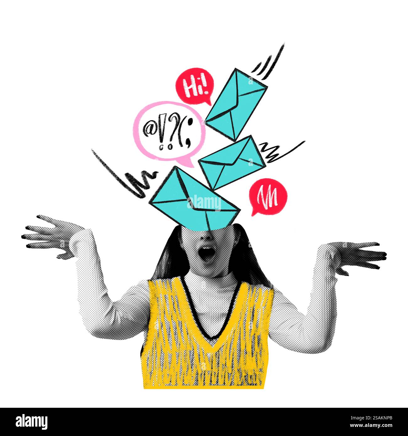 Conceptual art design. Excited woman with multiple floating envelopes ...