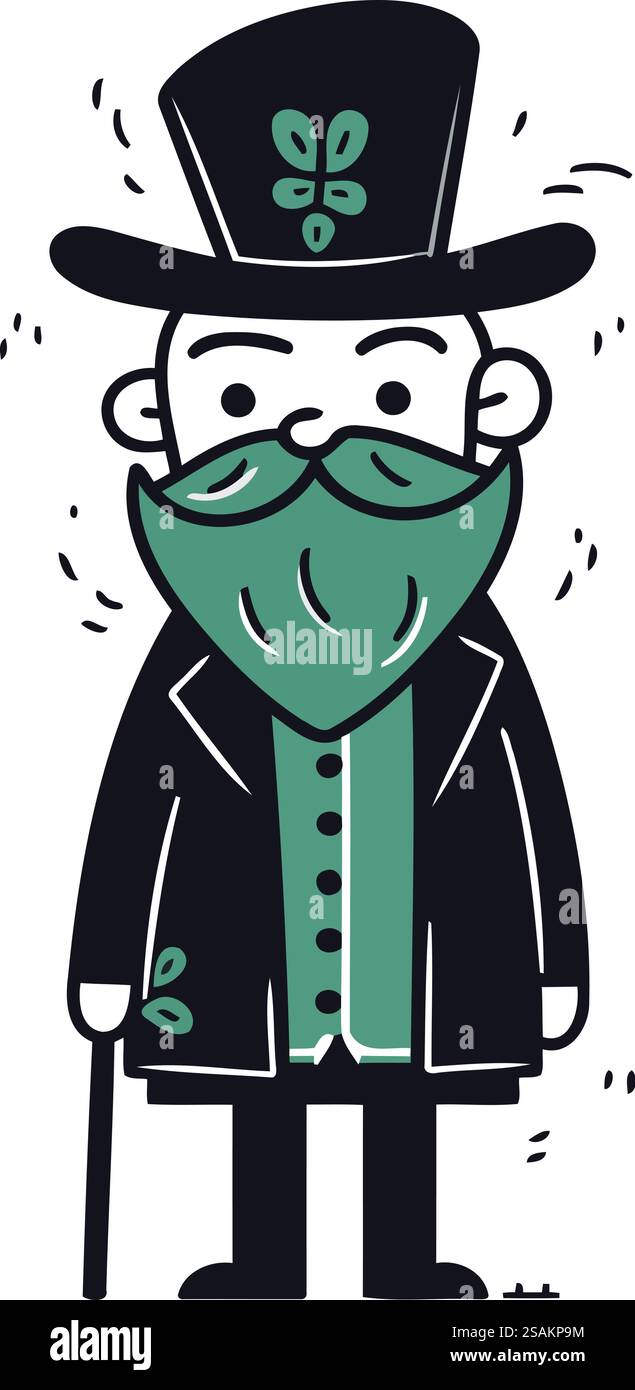 Old man in a hat with a mustache and a cane. Vector illustration Stock ...
