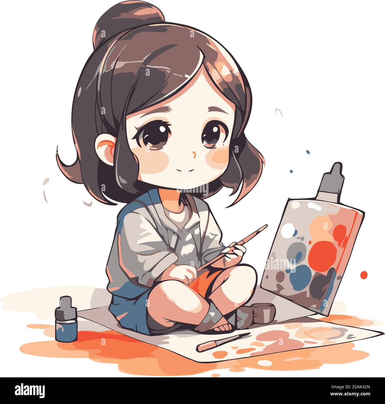 cute little girl painting with watercolors. vector illustration Stock ...