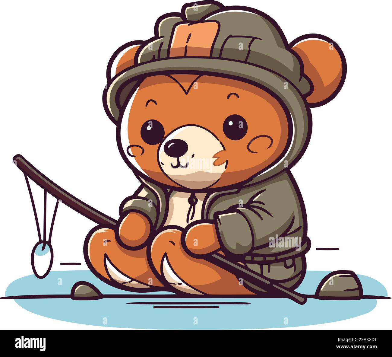 Cute cartoon beaver fisherman with fishing rod. Vector illustration ...