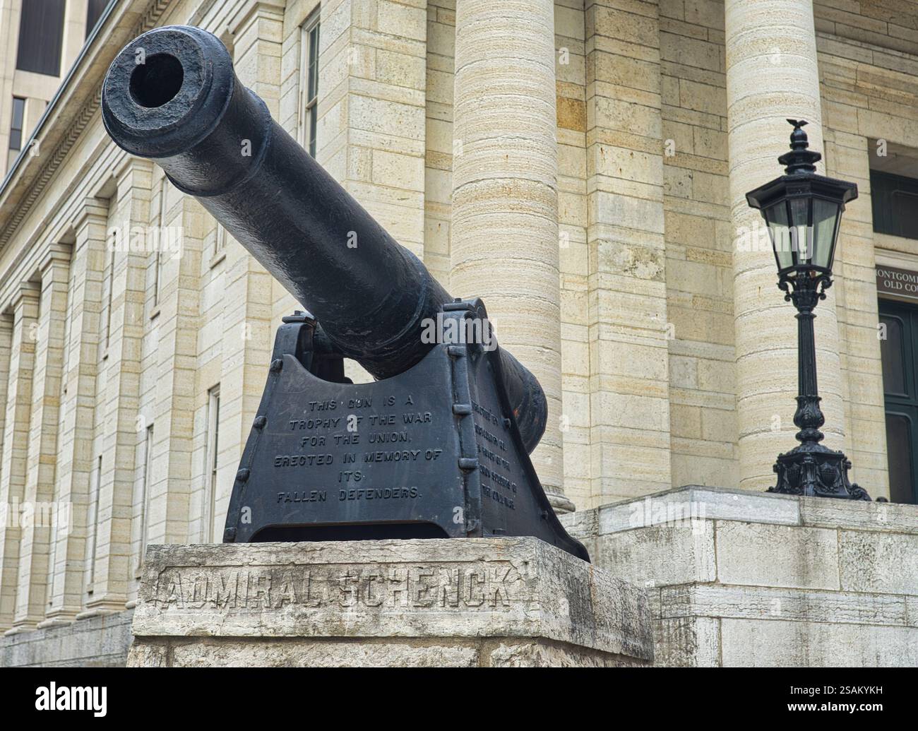 A vintage cannon from of the Old Montgomery County Courthouse in Dayton Ohio. Admiral Schenck memorial Stock Photo