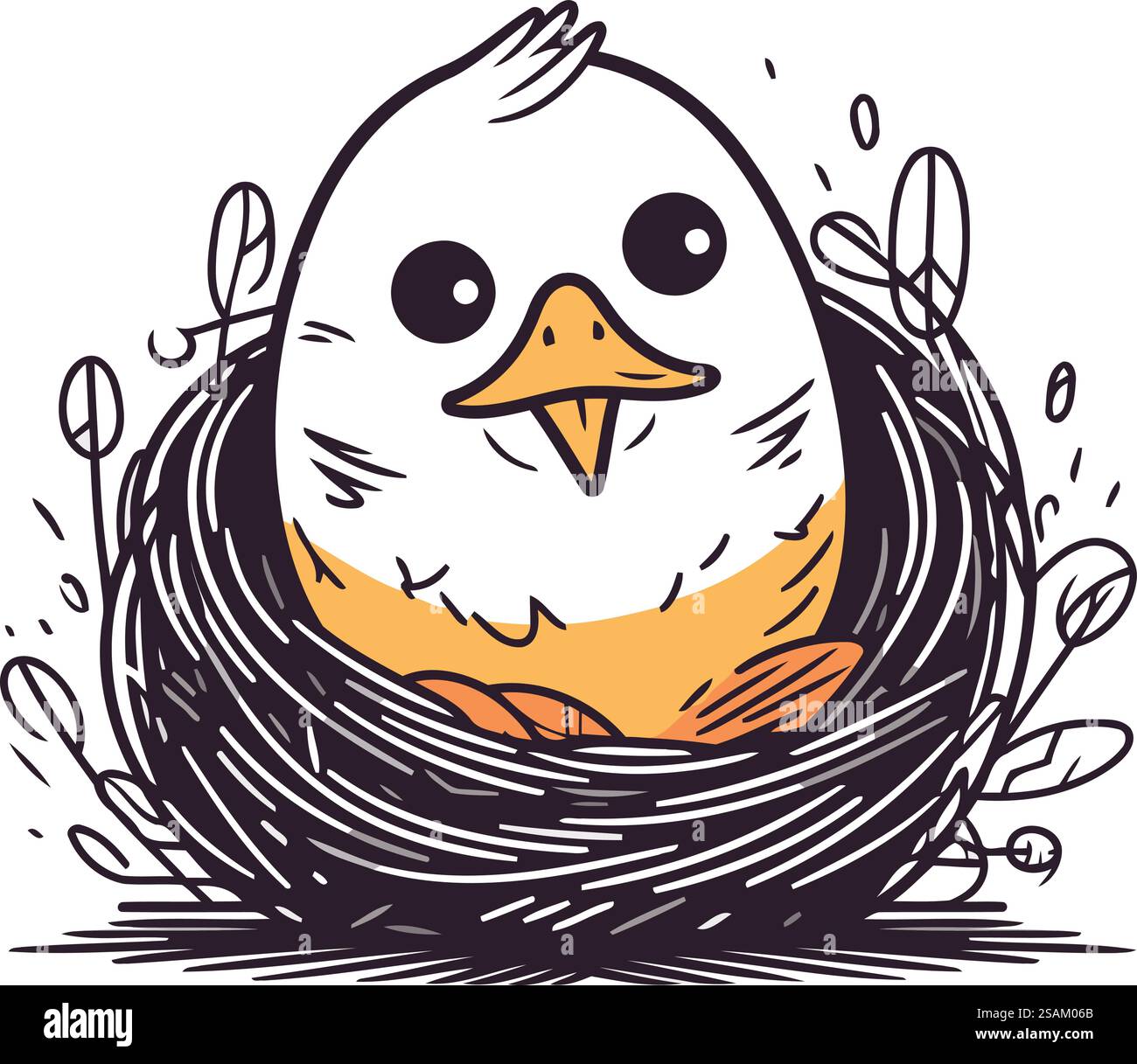 Cute little chicken in the nest. Hand drawn vector illustration Stock ...