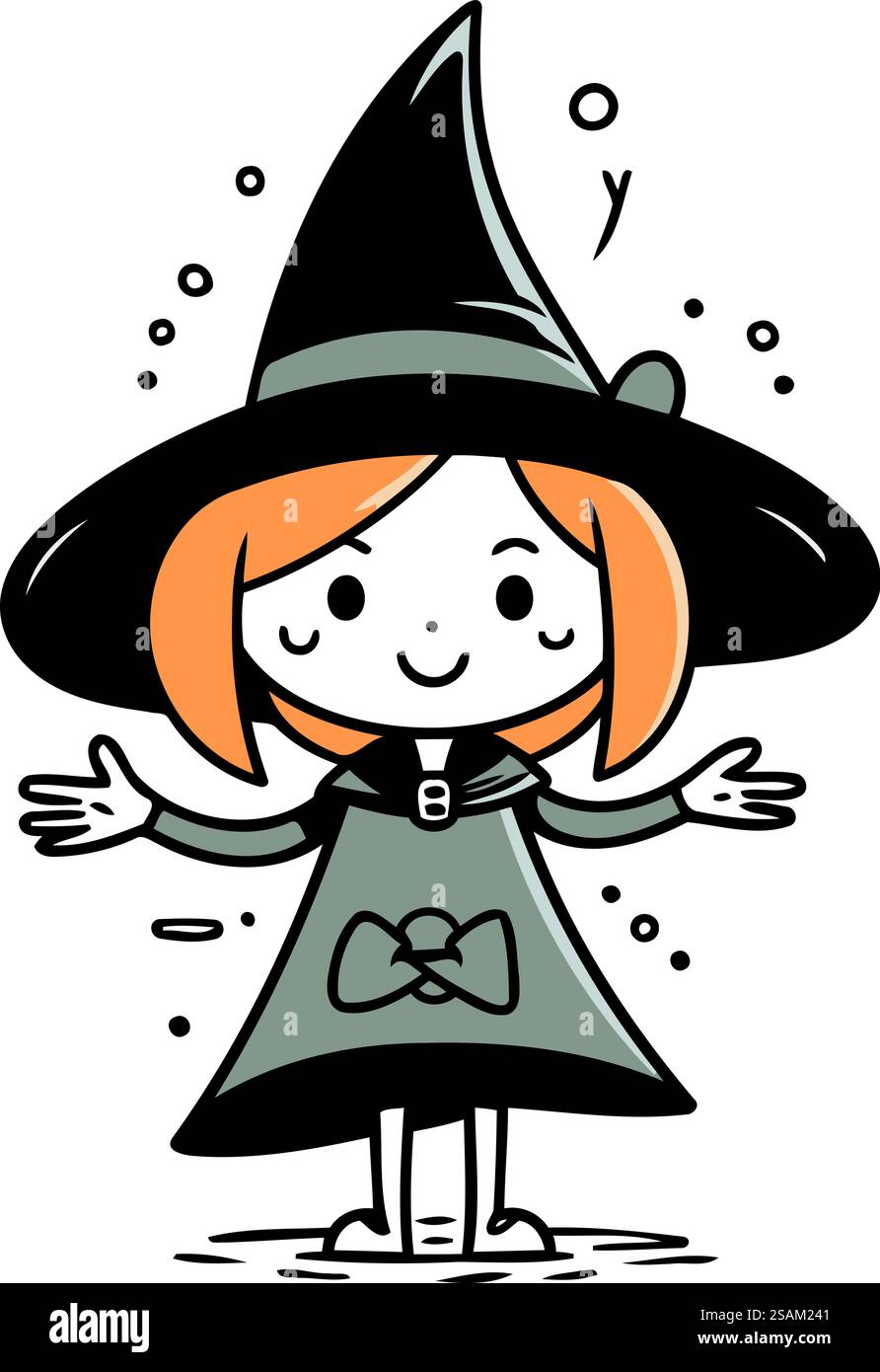 Cute little girl dressed as a witch. Vector illustration on white ...