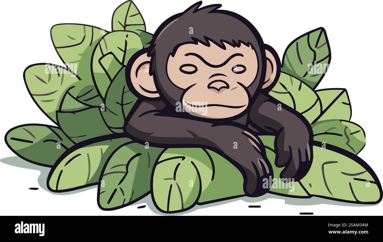Vector illustration of a monkey sitting on a leaf in the jungle Stock ...