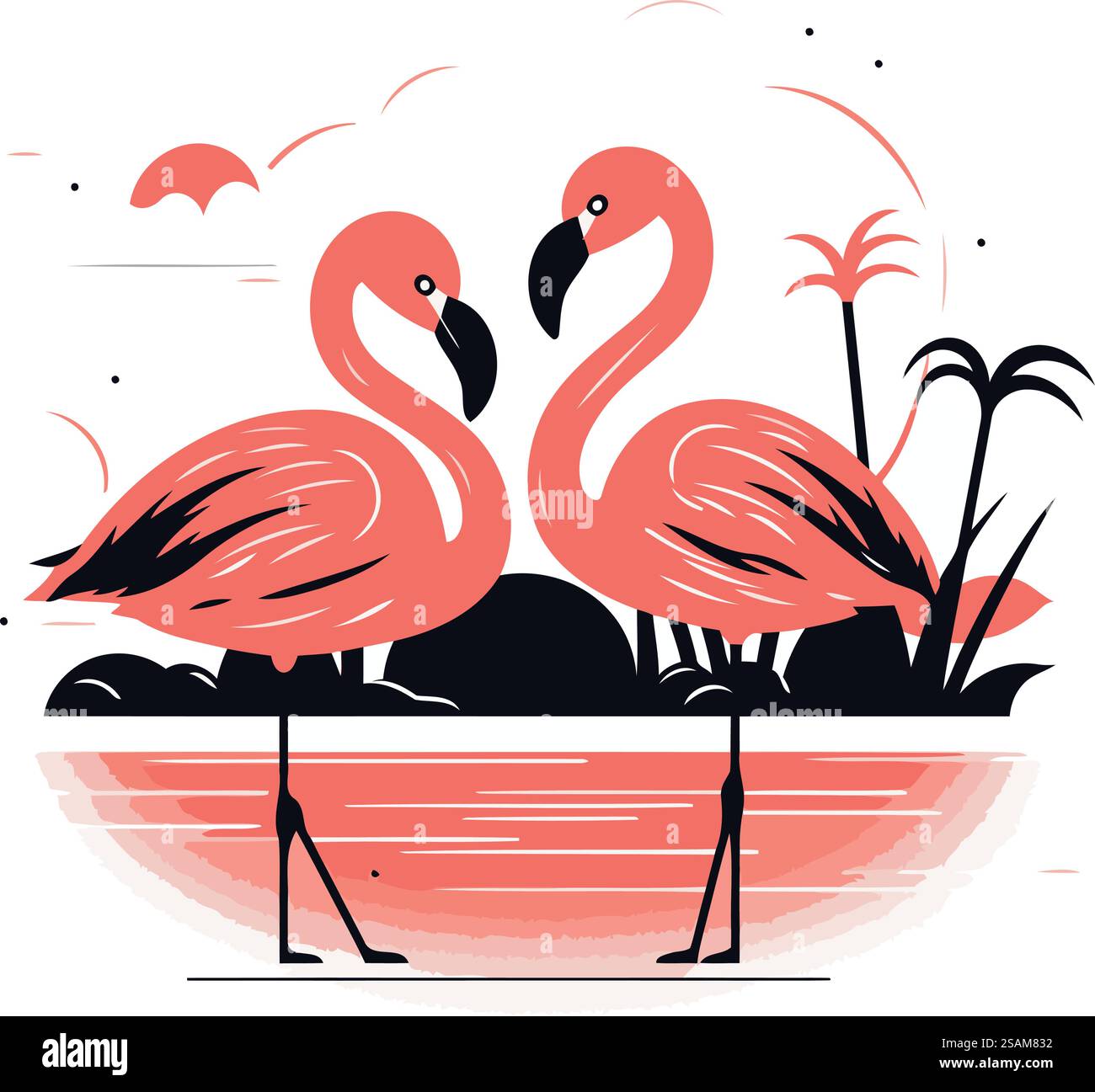 Flamingo couple in love on the beach. Vector illustration Stock Vector ...