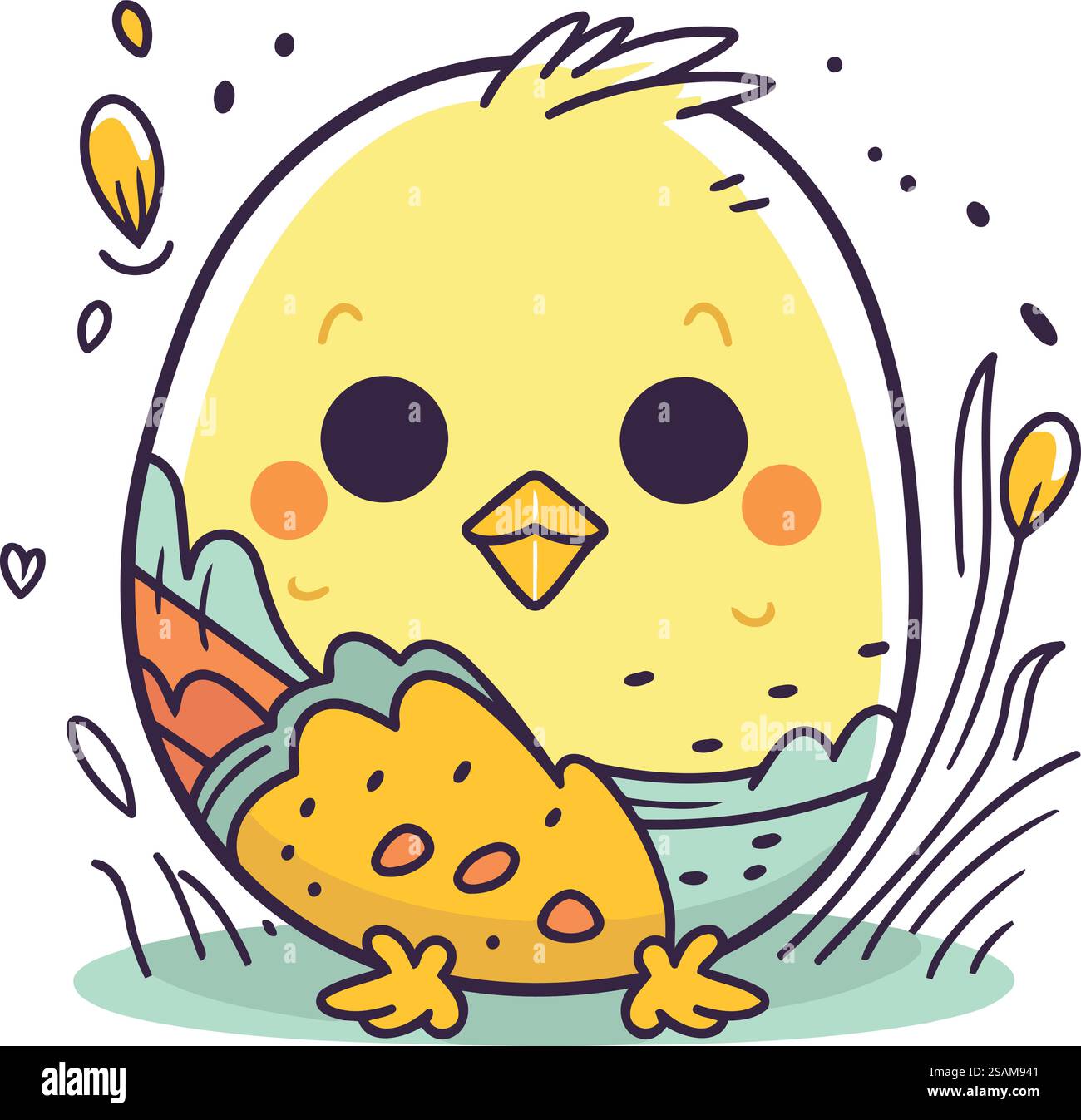 Cute little chick with a chicken on a white background. Vector ...