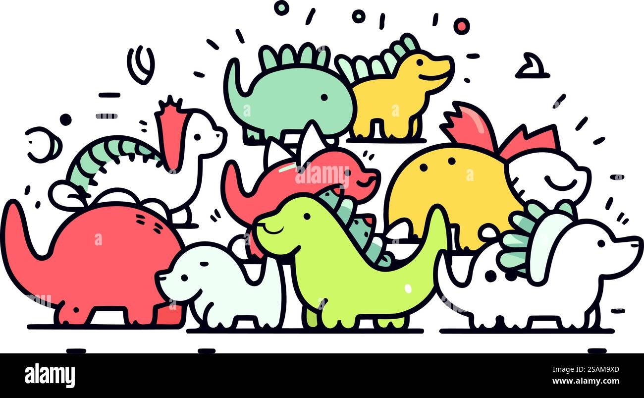 Cute doodle hand drawn vector illustration of cute cartoon dinosaurs ...