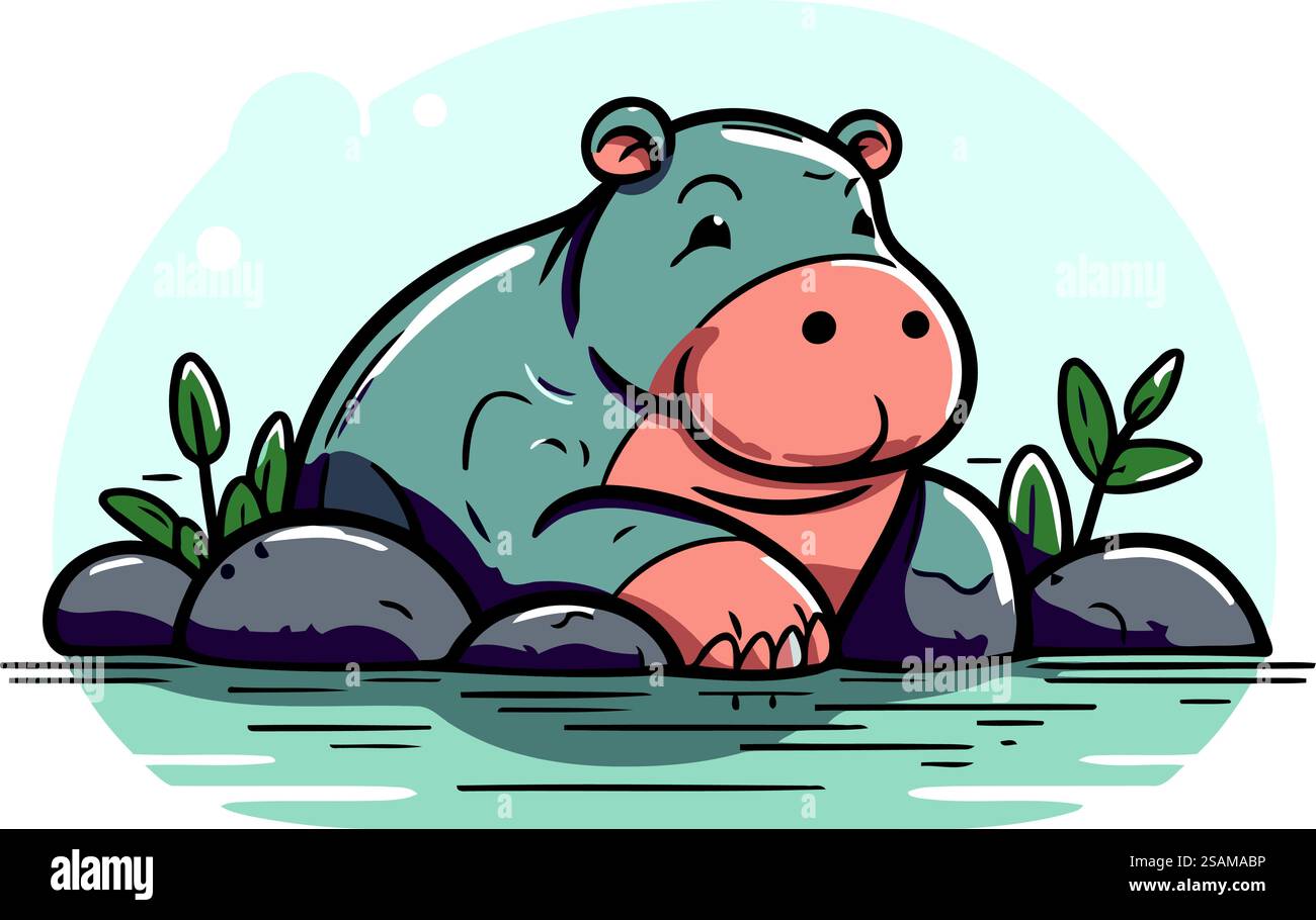 Hippopotamus in the river. Vector illustration in cartoon style Stock ...