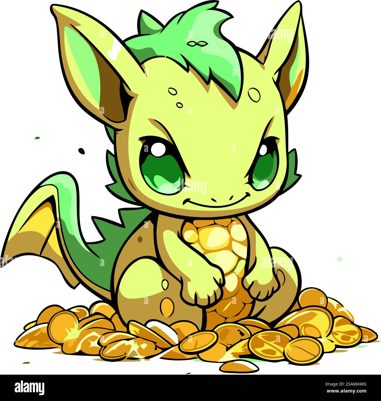 Cute cartoon dragon sitting on a pile of coins. Vector illustration ...
