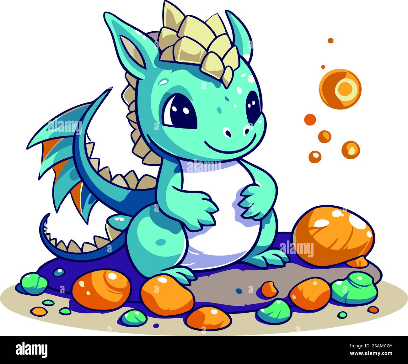 Cute blue dragon sitting on the ground. Cartoon vector illustration ...
