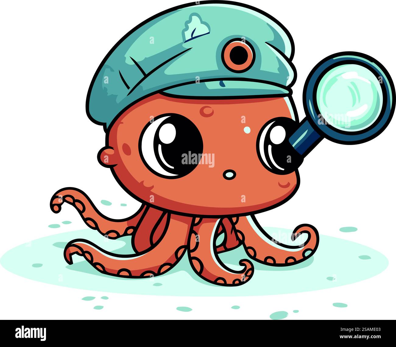 Octopus in a cap and a magnifying glass. Vector illustration Stock ...