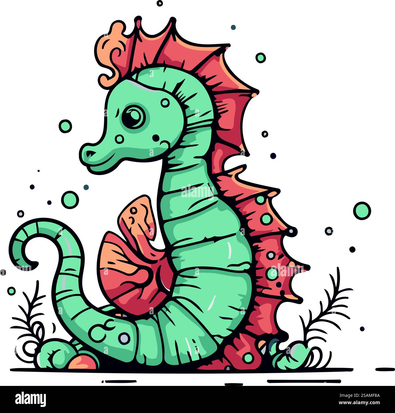 Cute sea horse. Hand drawn vector illustration in cartoon style Stock ...