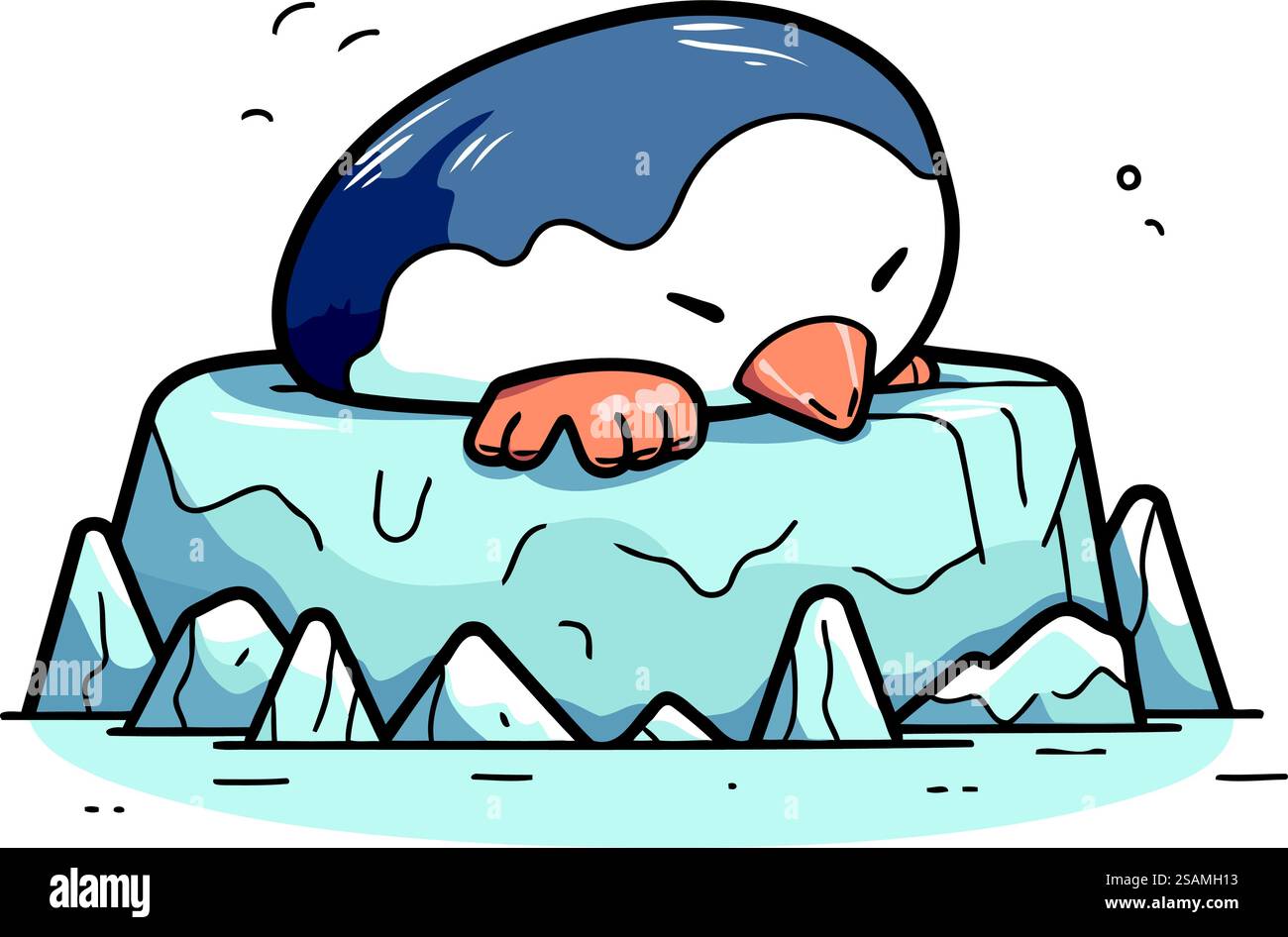 Cartoon penguin sleeping on iceberg. Vector illustration of a funny ...