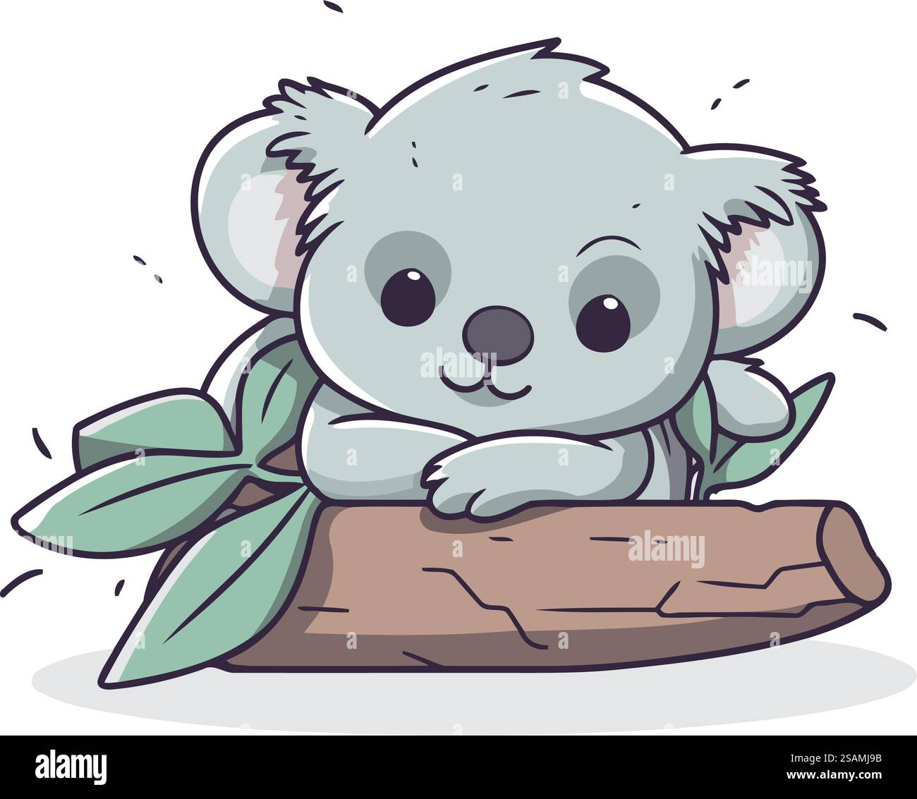 Cute koala sitting on a log with leaves. Vector illustration Stock ...