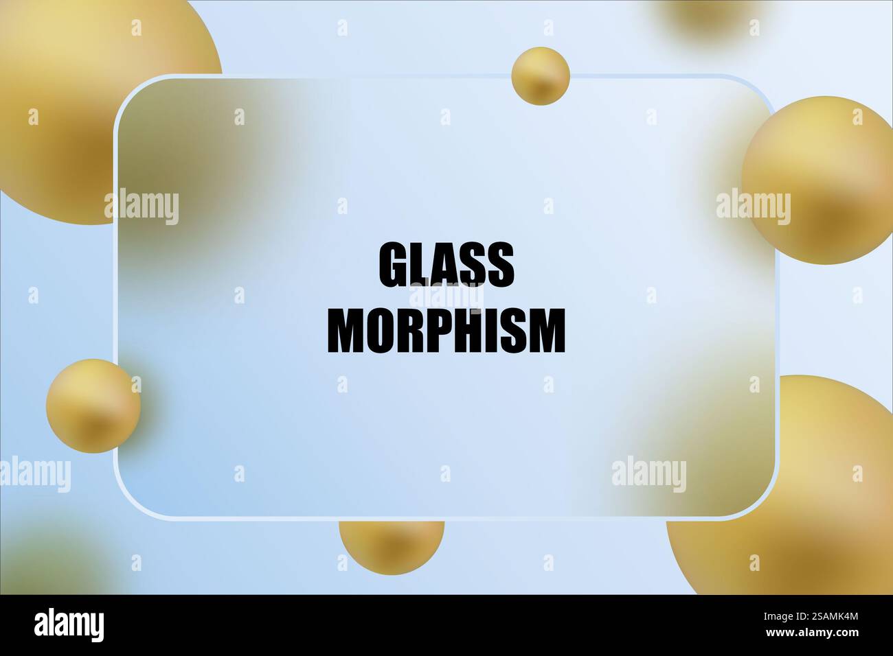 Clear glass rectangle with a blur effect with gold spheres on a blue ...