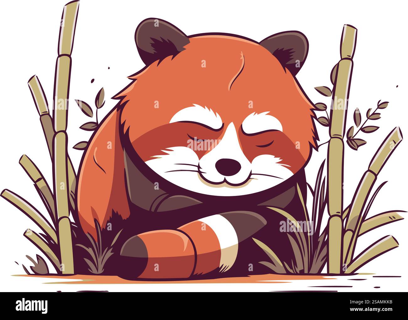 Cute cartoon red panda sleeping in bamboo forest. Vector illustration ...