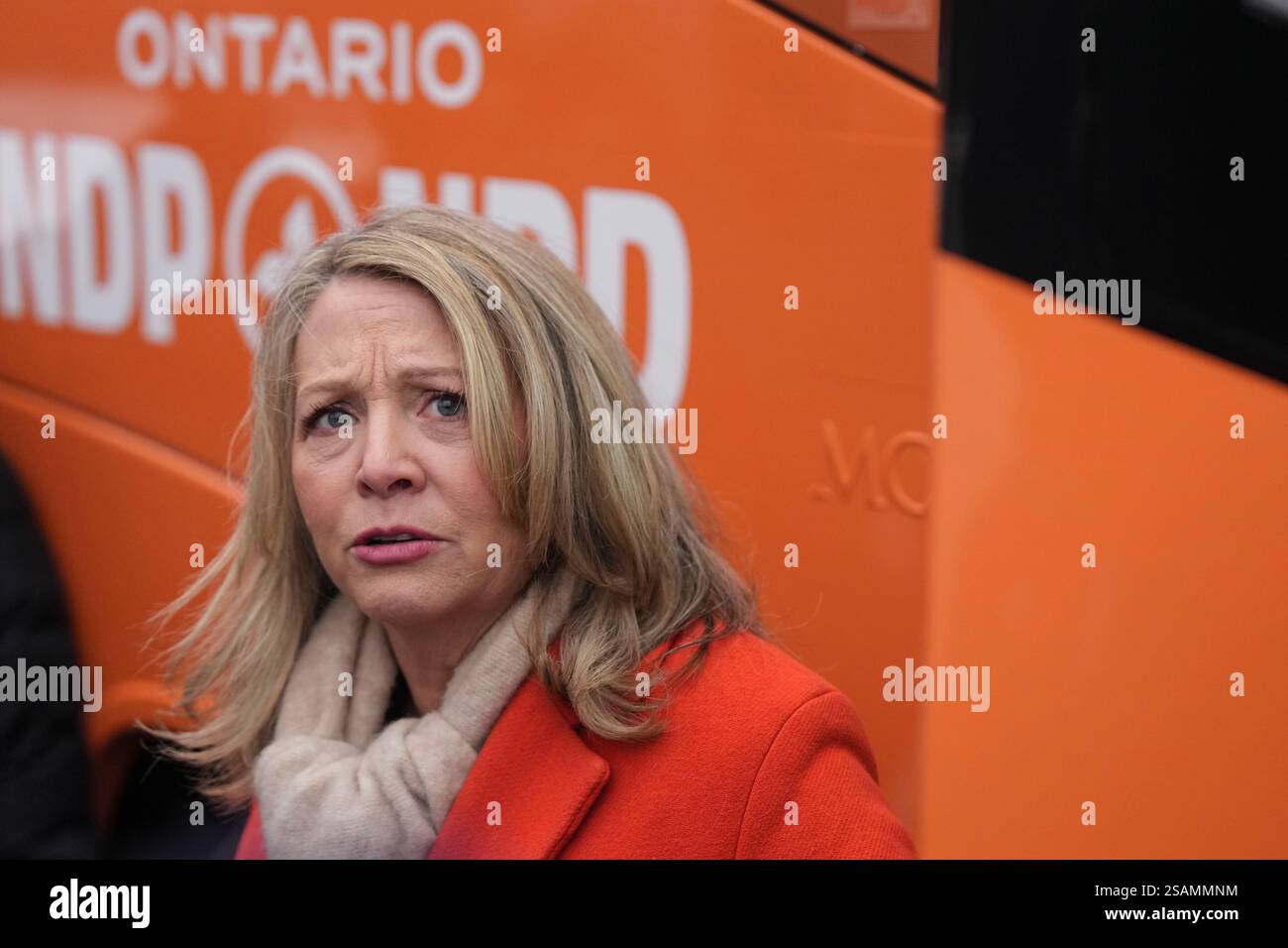 Ontario NDP leader Marit Stiles speaks to media as she unveils her