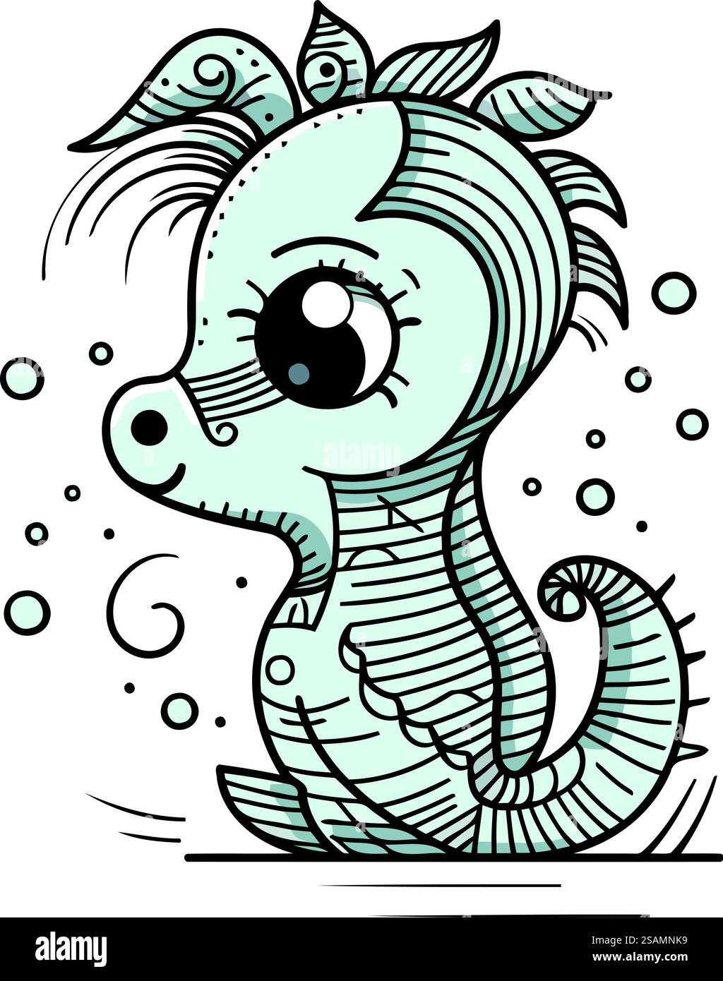 Cute cartoon sea horse. Hand drawn vector illustration in doodle style ...