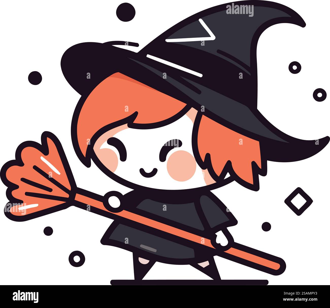 Cute little girl in a witch costume with a broom. Vector illustration ...
