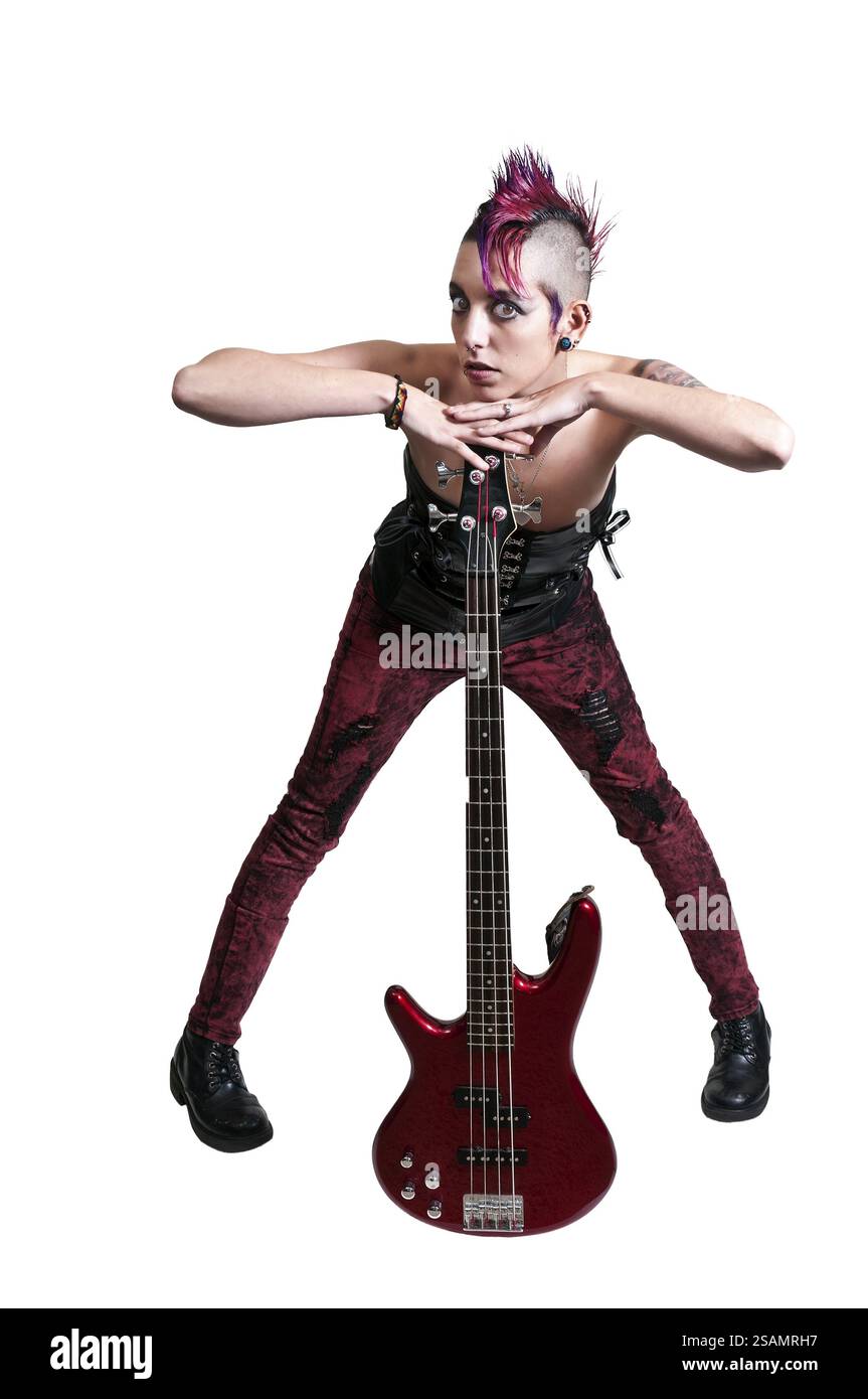 Beautiful woman punk rocker with an electric bass guitar Stock Photo ...