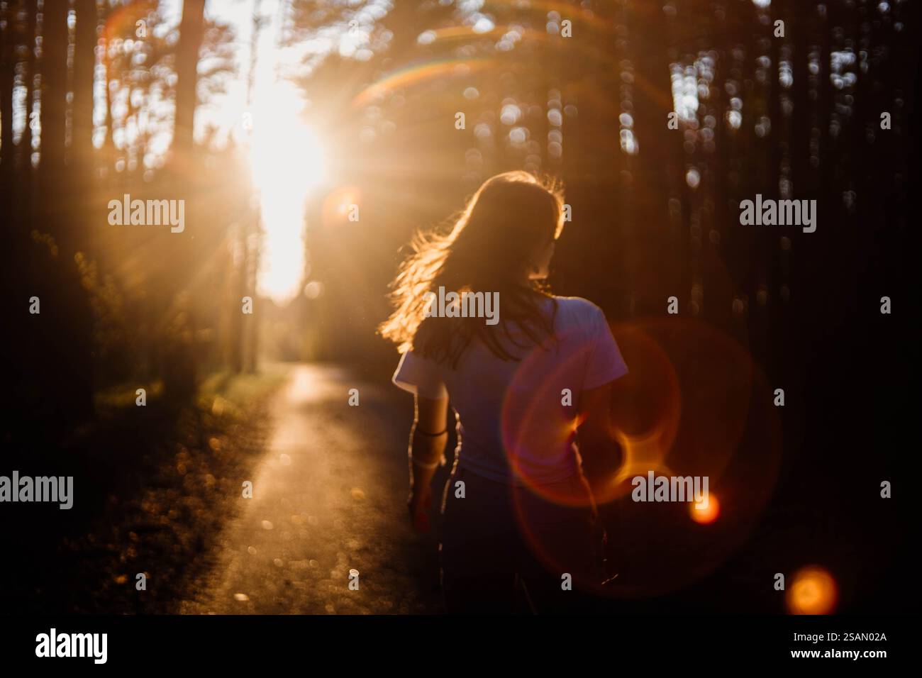 A woman walks on a forest path during golden hour, with sunlight ...