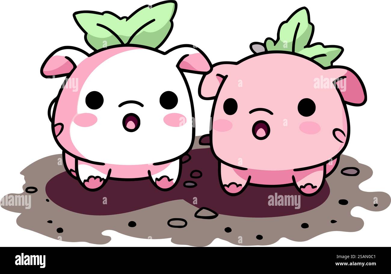 Two Character Pigs Illustration of two cute little pig characters standing in the mud ...