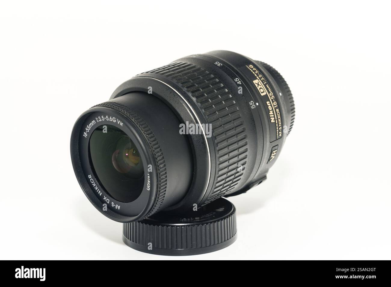 Daejeon, South Korea, Jan. 5, 2025: Front view of an AF Nikkor 18-55mm lens resting on its cap, showing its optical glass, Asia Stock Photo